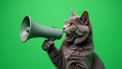 Fototapeta premium Gray cat screaming into loudspeaker on green background