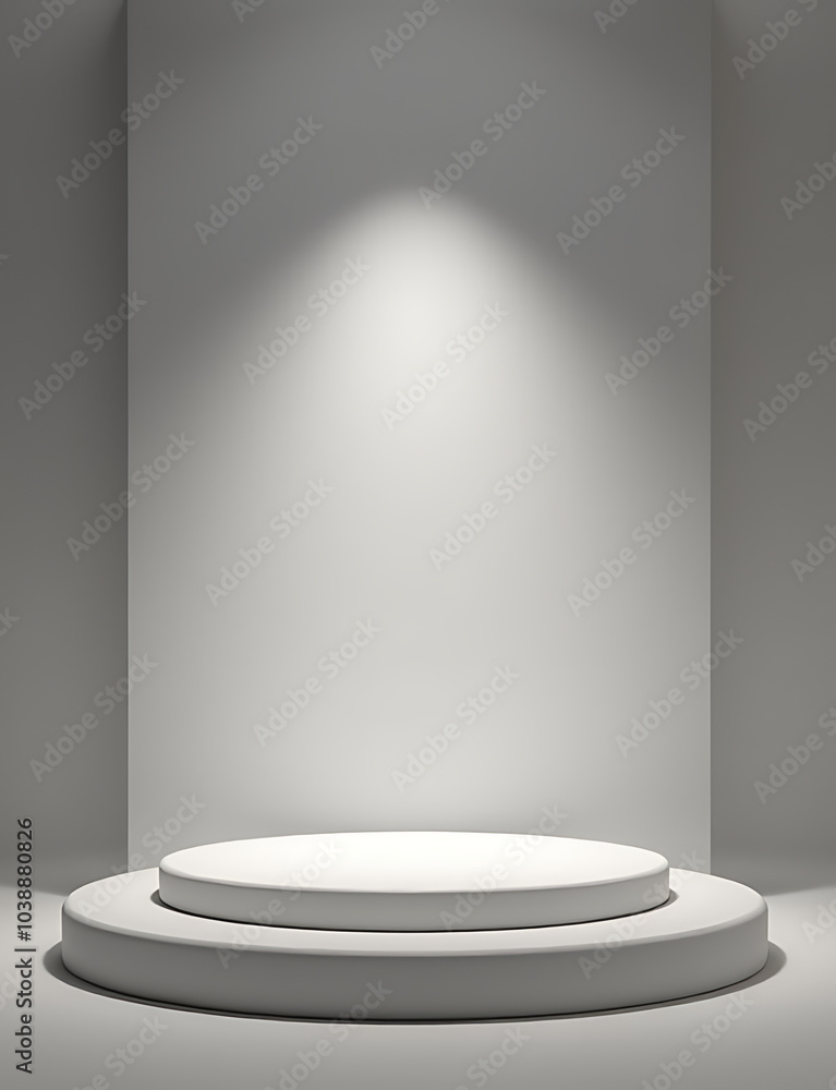 Poster product is displayed on 3d stage with podium and pedestal for presentations and ceremonies in empty 