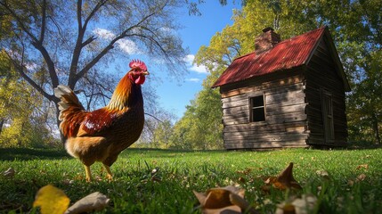 Rooster in Front of a Cabin