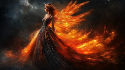 A powerful woman with glowing flame wings and a fiery dress, embodying strength, beauty, and magical transformation in a fantasy world, Generative Ai