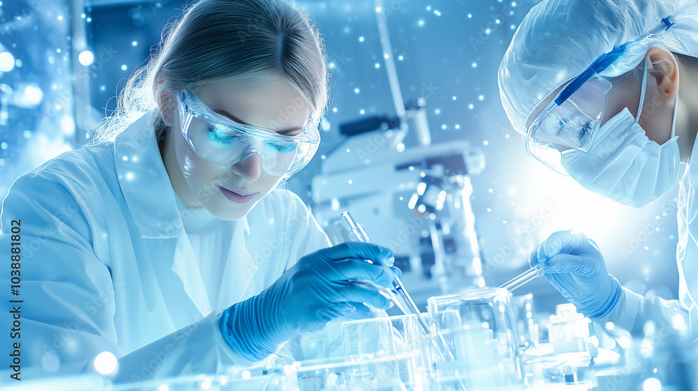 Poster two scientists conducting experiments in a high-tech laboratory during evening hours
