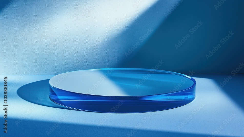 Poster a minimalist blue circular display platform with soft shadows and light reflections.
