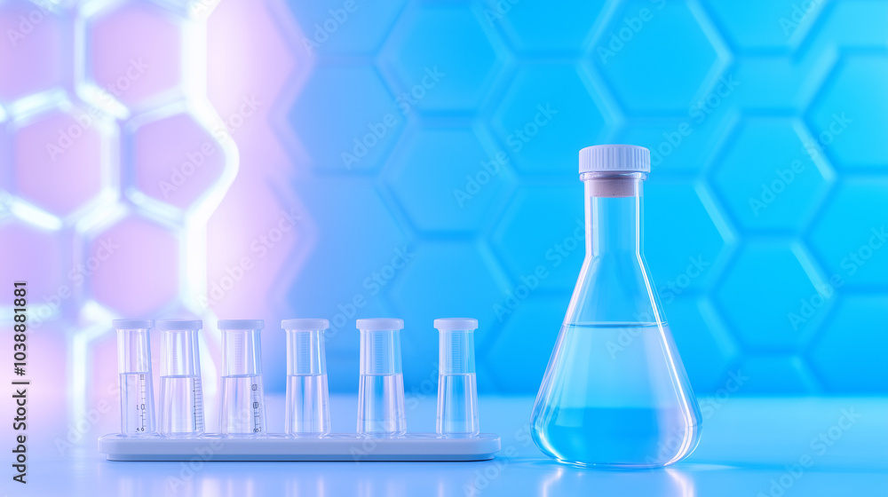 Poster colorful lab setup with test tubes and a blue liquid flask on a hexagonal background