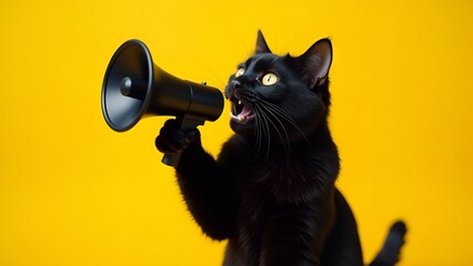 Fototapeta premium A black cat screams into a loudspeaker on a yellow background