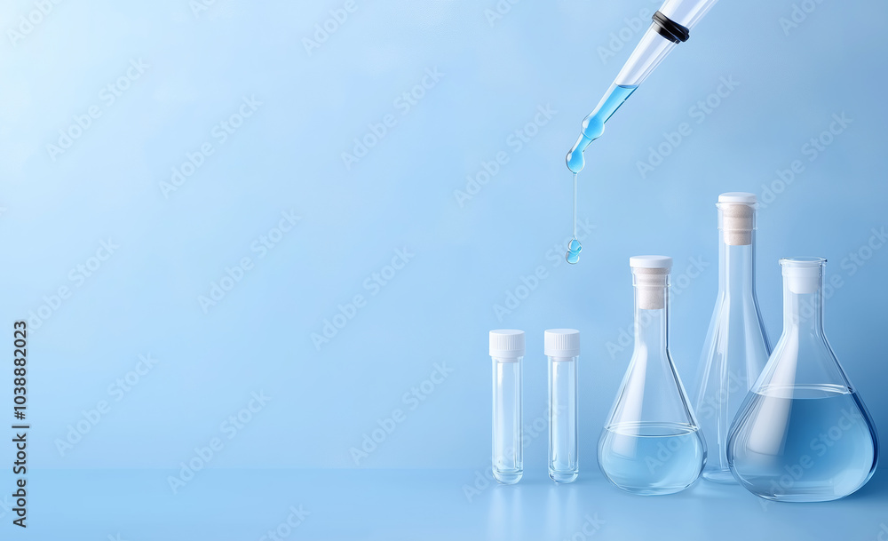 Poster laboratory glassware with liquids and pipette dropping blue solution on light background
