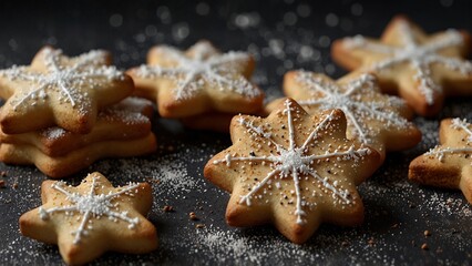 Delicious star-shaped cookies decorated with icing and powdered sugar on a dark background
