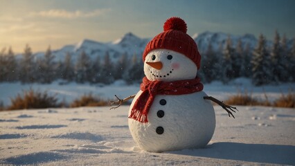 Obraz premium Cheerful snowman wearing a red hat and scarf in a snowy landscape with mountains