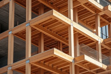 Laminated wood flooring and structural elements of a sustainable multi story timber residential or office building project