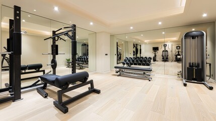 Fototapeta premium A home gym with exercise equipment and mirrors