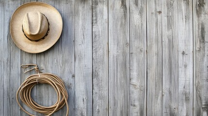 Cowboy Hat and Lasso on Wooden Wall