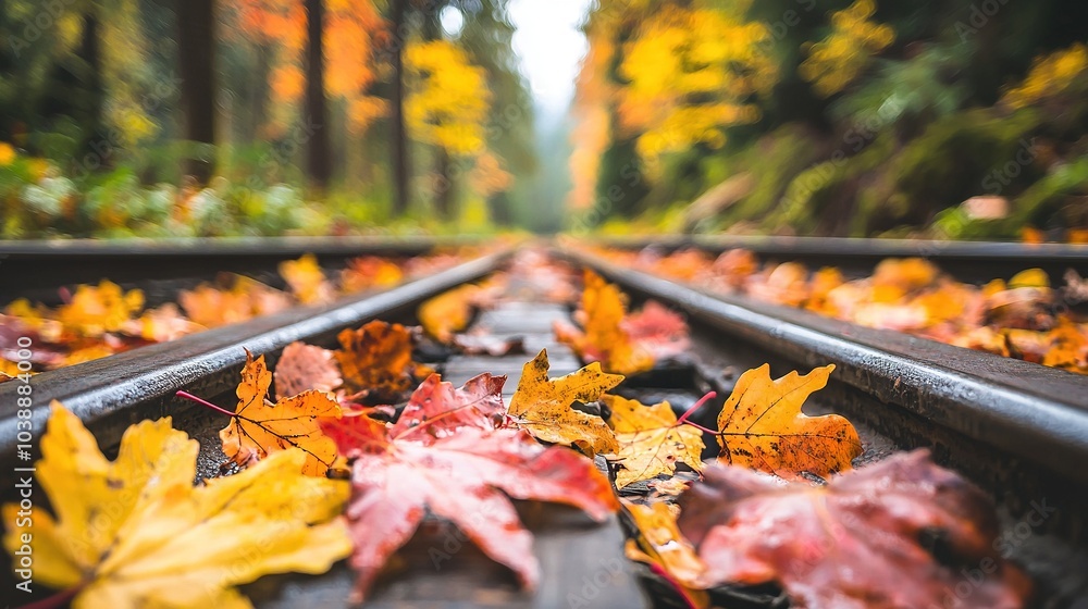 Poster a high-resolution image featuring a detailed train track surrounded by lush foliage and towering tre