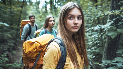 Young adventurers exploring lush forest with backpacks for a nature getaway