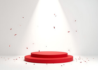 Simple white backdrop features a red podium with flying confetti and a spotlight shining directly down on it.
