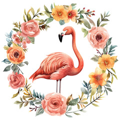 Naklejka premium flamingo with flowers wreath vector illustration in watercolor style