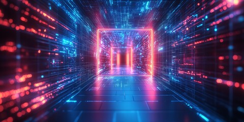Glowing neon digital door portal with bright light effects in futuristic abstract cyberpunk landscape new beautiful stock image illustration AI