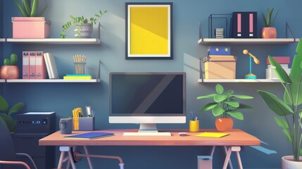 A home office setup with a desk, computer, and office supplies