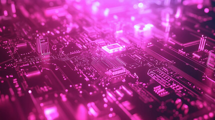 Vivid aerial view of a digital circuit board illuminated in bright pink light at night