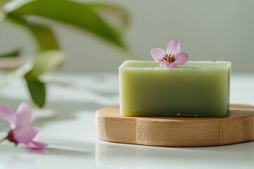 Lovely green oil soap in wooden mold adorned with a tiny flower against a white background