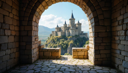 A breathtaking view of a majestic castle framed by an ancient stone archway, perfect scene for fantasy, travel, and historical themes