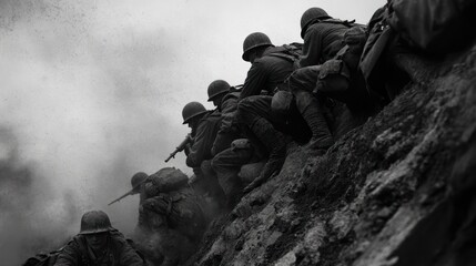 Soldiers in formation on a battlefield, evoking themes of war and sacrifice.