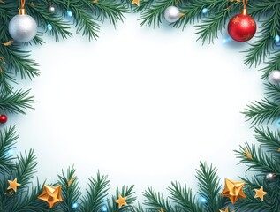 Christmas border with conifer branches and garlands of Christmas lights isolated on white background