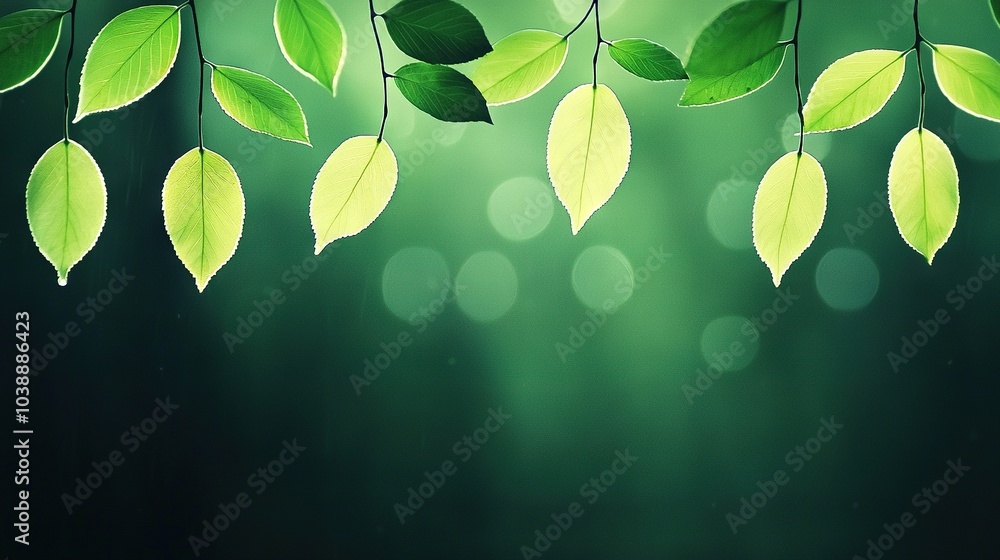 Poster a cluster of emerald foliage dangling from a string against a verdant backdrop with a hazy radiance 