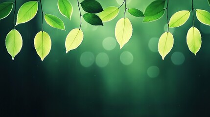  A cluster of emerald foliage dangling from a string against a verdant backdrop with a hazy radiance enveloping it