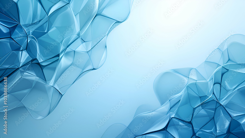 Poster the image features two overlapping abstract blue crystalline waves on a light blue background. the w