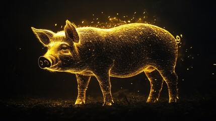 Naklejka premium Pig Silhouette Outlined in Yellow Light Against Black Background