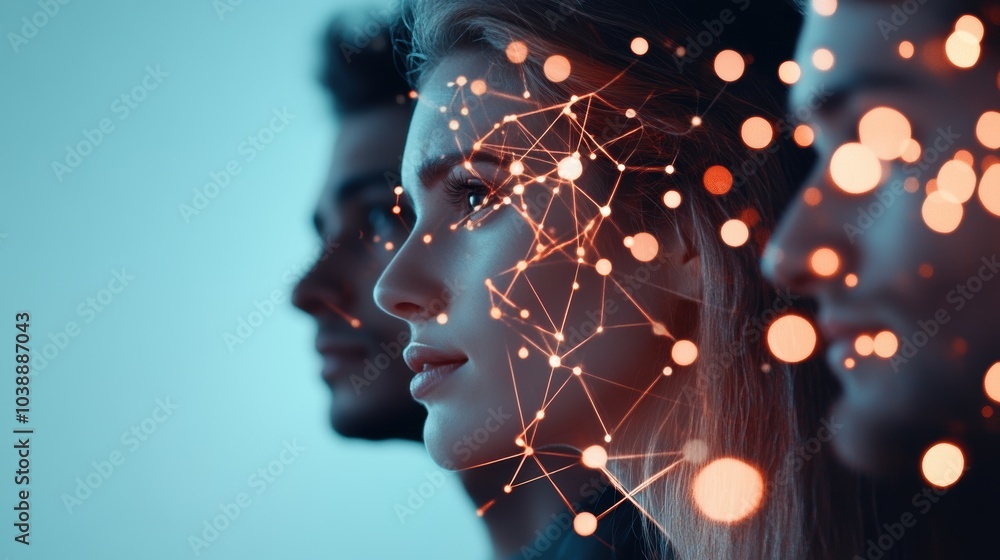 Poster a diverse group of people from different cultures using a futuristic interface to communicate seamle