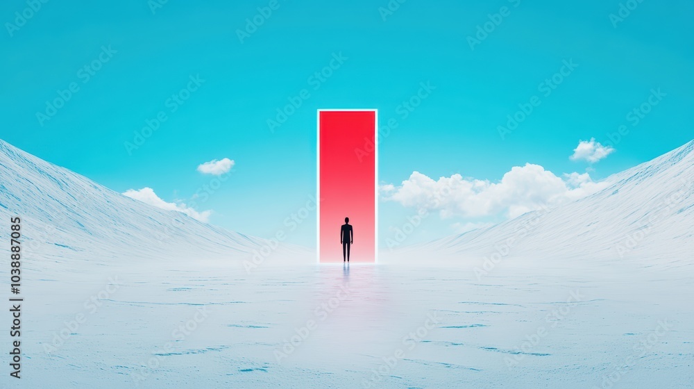 Poster a lone individual in a desolate landscape connecting with others through a virtual interface, symbol