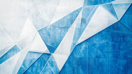Modern geometric wall art featuring blue and white triangular patterns in a contemporary space