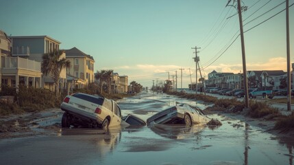 Floodwaters cover the coastal road where cars are overturned amidst rising tides