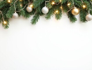 Christmas border with conifer branches and garlands of Christmas lights isolated on white background