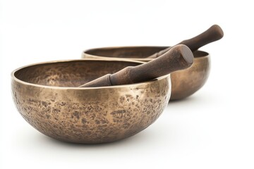 Meditation or massage bronze bowls with mallets on a white backdrop blurred focus