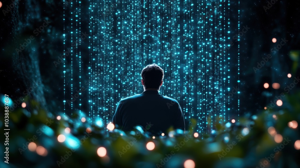 Poster a lone individual in a digital landscape surrounded by data visualizations, representing the individ