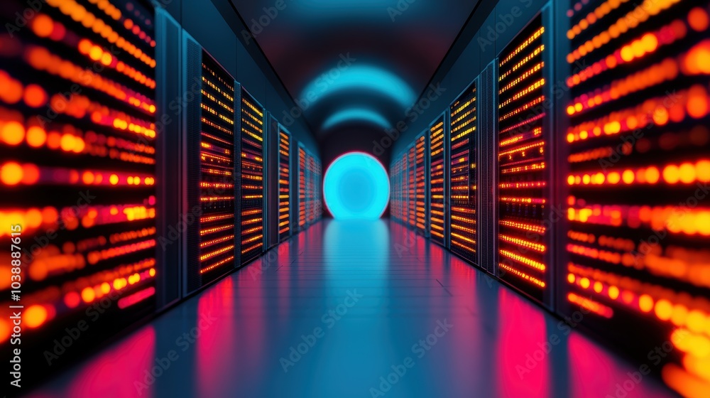 Poster a data server room with rows of blinking servers, highlighting the physical infrastructure of data s