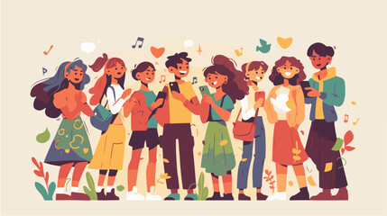 Young People use Smartphones, Chatting, making Selfie and listening Music. Happy Boys and Girls talking and typing on Phone, Vector Illustration.