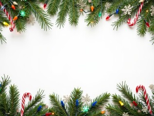 Christmas border with conifer branches and garlands of Christmas lights isolated on white background
