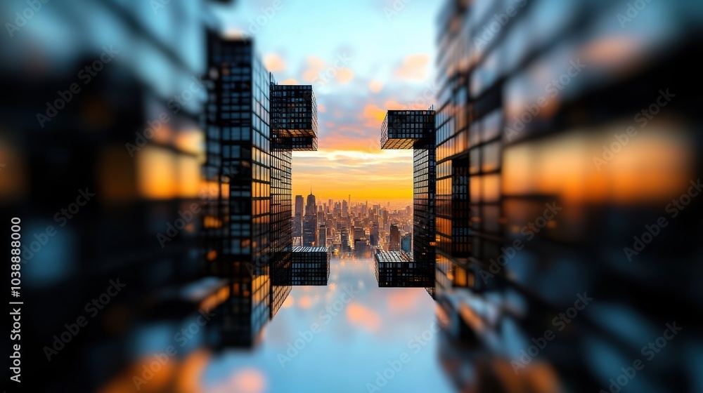 Poster a digital cityscape with buildings that morph and change shape, showcasing the surreal and unpredict