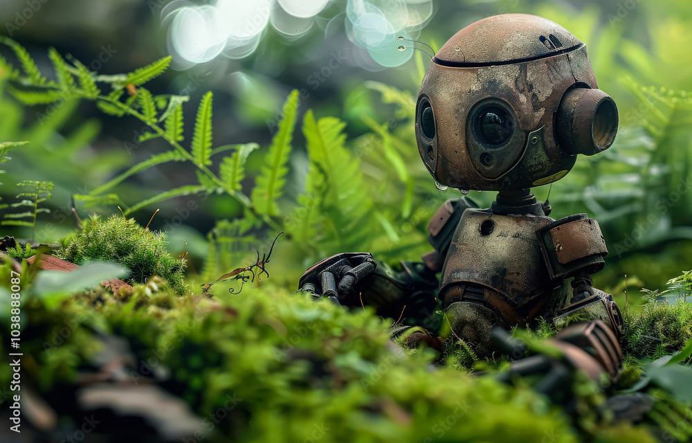 Poster robot is sitting on a mossy log in a forest. the robot is old and rusted, and it is in a peaceful an