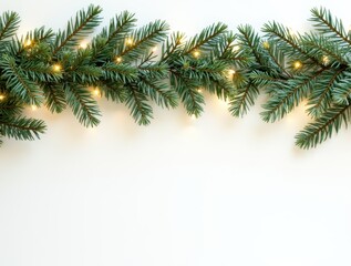 Obraz premium Christmas border with conifer branches and garlands of Christmas lights isolated on white background