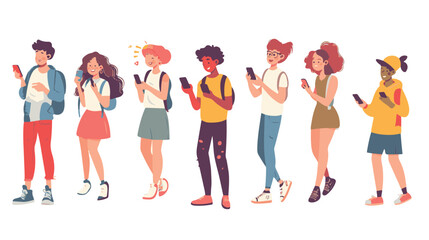 Young People use Smartphones, Chatting, making Selfie and listening Music. Happy Boys and Girls talking and typing on Phone, Vector Illustration.