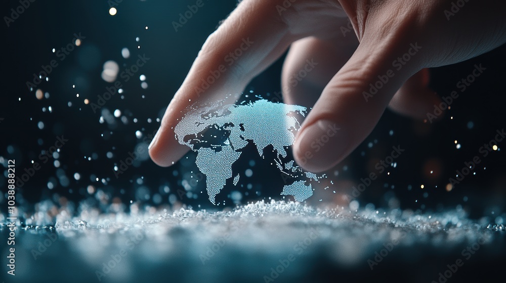 Poster a close up shot of a hand interacting with a holographic interface displaying a map of the world, re