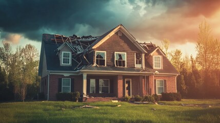A house stands missing its roof showing the devastation left by a recent tornado strike