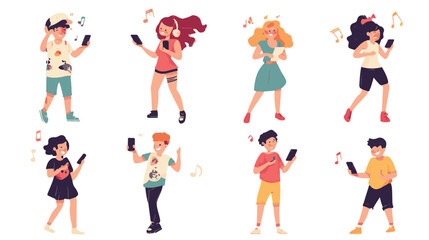 Young People use Smartphones, Chatting, making Selfie and listening Music. Happy Boys and Girls talking and typing on Phone, Vector Illustration.