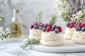 Mini Pavlova desserts topped with berries and rosemary placed on a marble table with a floral vase against a white wall