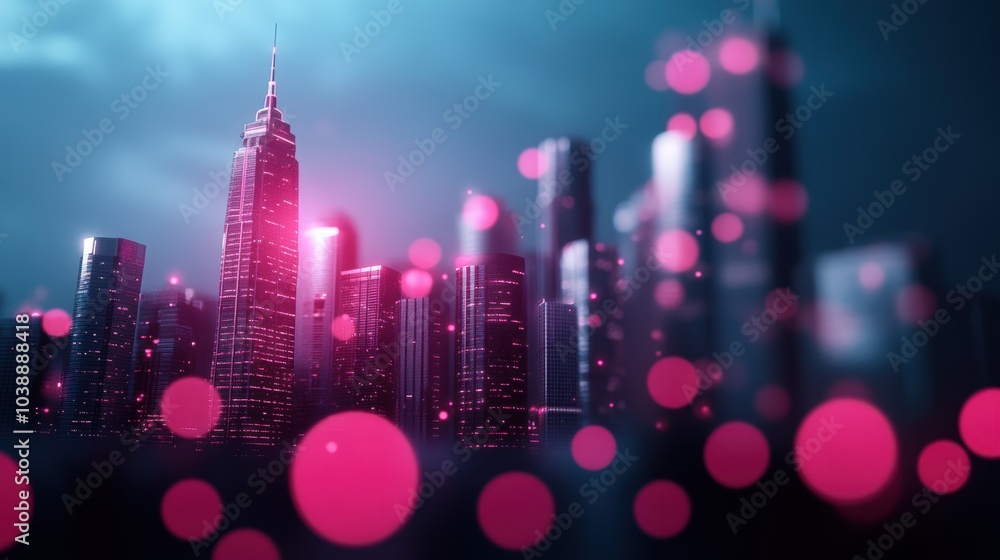 Poster a panoramic view of a modern city with buildings illuminated by the glow of a global platform interf
