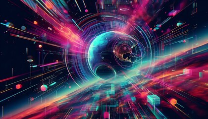 Obraz premium Glitch effect in abstract pink blue composition bright neon lines and shapes,generative ai 