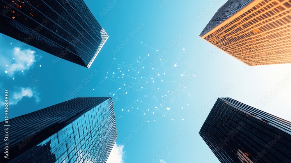 Poster a panoramic view of a modern cityscape with towering skyscrapers connected by a complex network of c